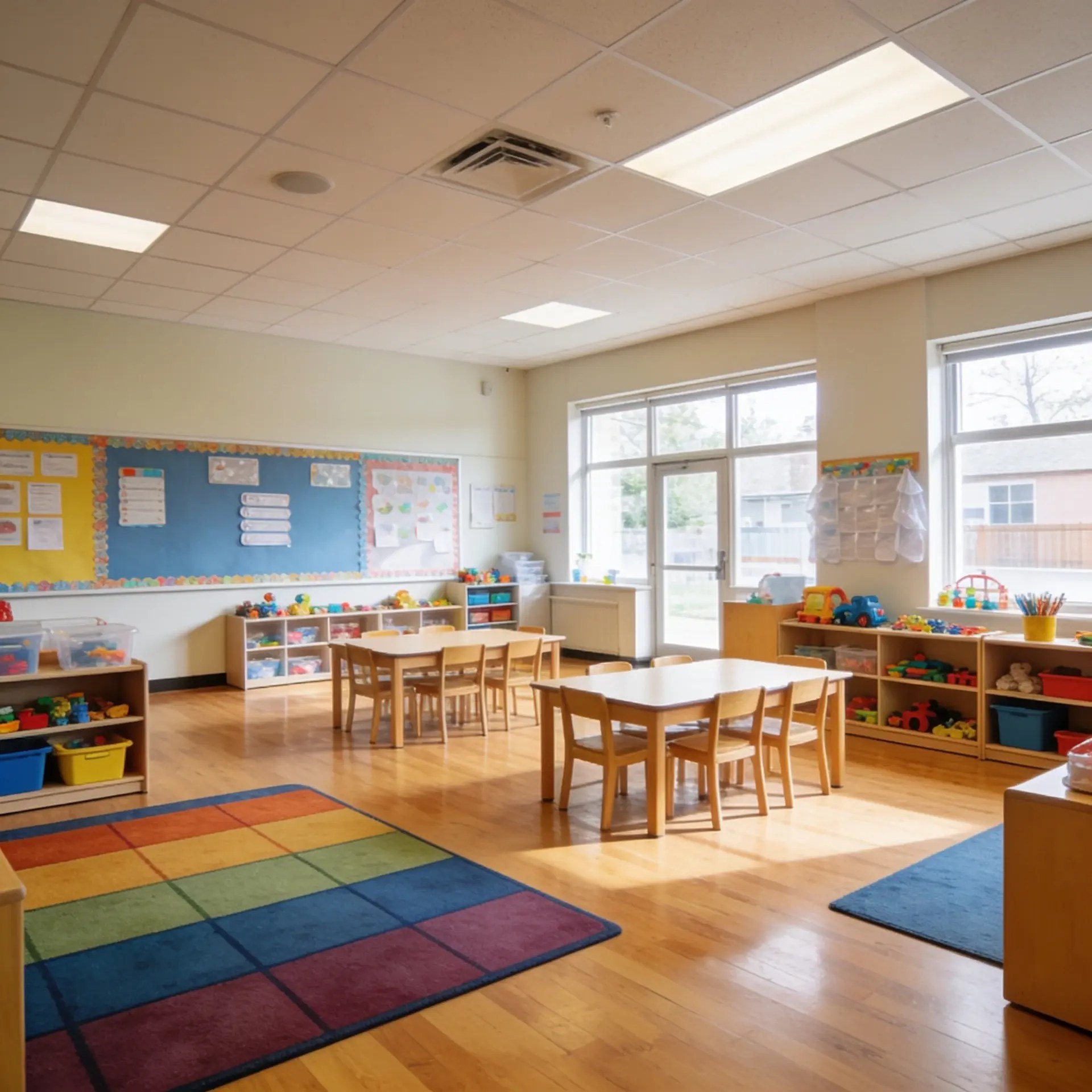 Salón preescolar iluminado con mesas de madera, estantes de juguetes y alfombra de colores