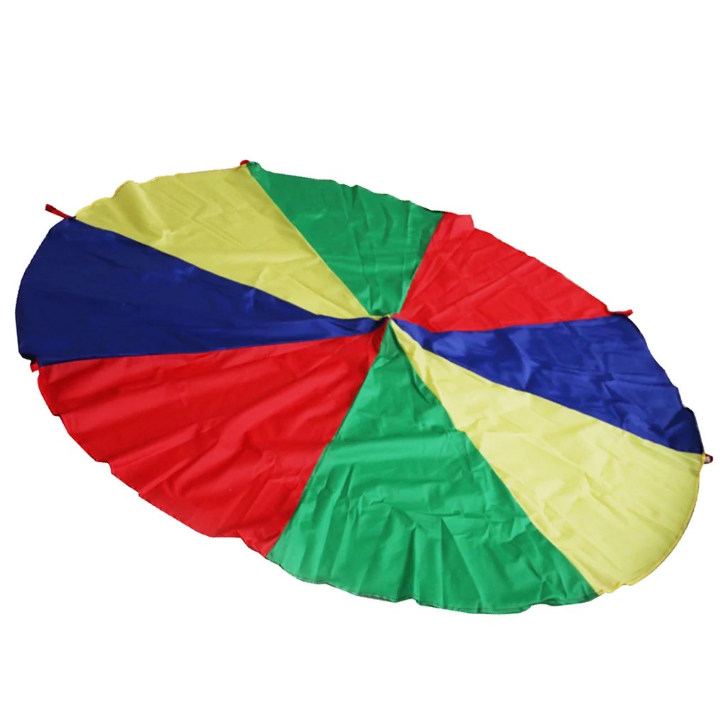 Paracaídas de juego con franjas de colores rojo, amarillo, verde y azul